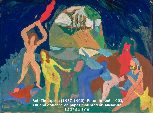 click to enlarge- double click to reduce Bob Thompson (1937-1966), Entombment, 1963, Oil and gouache on paper mounted on Masonite, 12 1/2 x 17 in.
