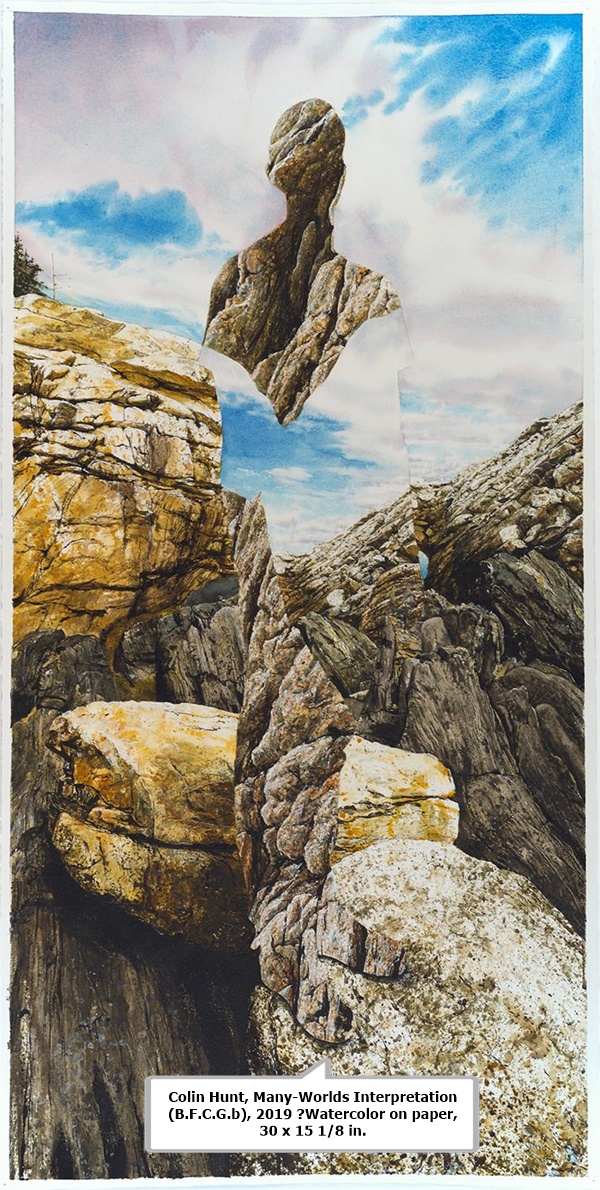 click to enlarge- double click to reduce Colin Hunt, Many-Worlds Interpretation (B.F.C.G.b), 2019
Watercolor on paper, 30 x 15 1/8 in.