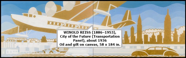 WINOLD REISS (1886–1953), City of the Future (Transportation Panel), about 1936

﻿Oil and gilt on canvas, 58 x 184 in.