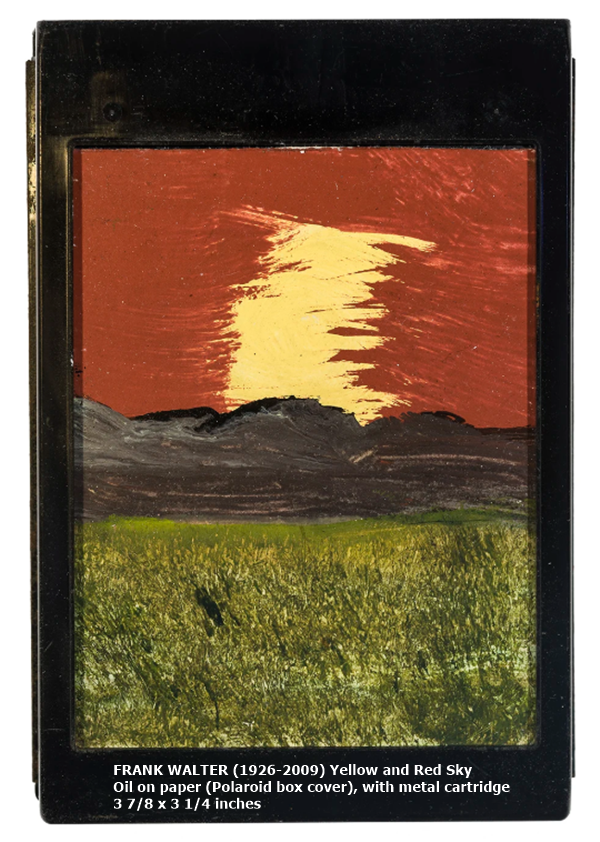 FRANK WALTER (1926-2009) Yellow and Red Sky
Oil on paper (Polaroid box cover), with metal cartridge
3 7/8 x 3 1/4 inches