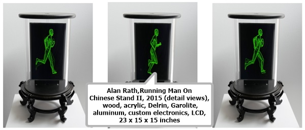 click to enlarge- double click to reduce Alan Rath,Running Man On Chinese Stand II, 2015 (detail views), wood, acrylic, Delrin, Garolite, aluminum, custom electronics, LCD,
23 x 15 x 15 inches