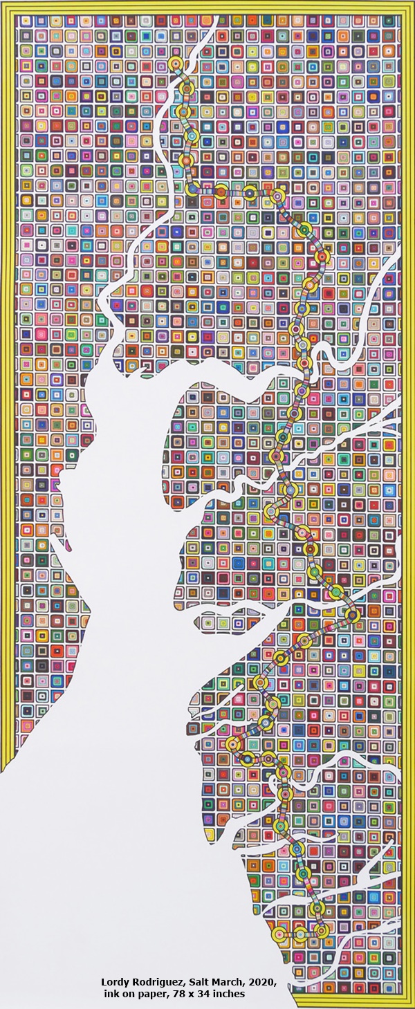 click to enlarge- double click to reduce Lordy Rodriguez, Salt March, 2020, ink on paper, 78 x 34 inches