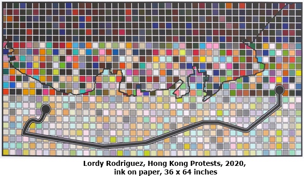 click to enlarge- double click to reduce Lordy Rodriguez, Hong Kong Protests, 2020, ink on paper, 36 x 64 inches