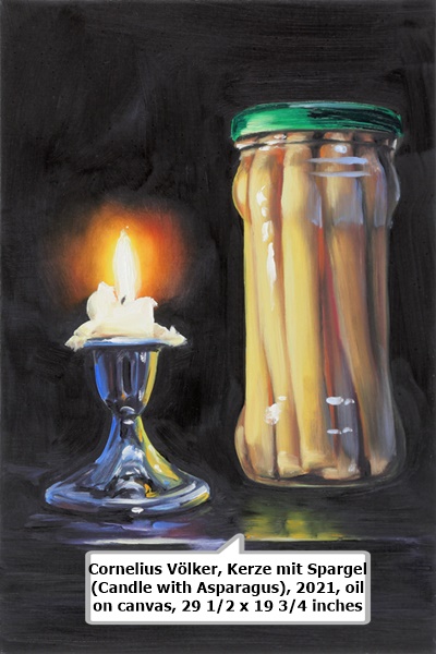 click to enlarge- double click to reduce Cornelius Völker, Kerze mit Spargel (Candle with Asparagus), 2021, oil on canvas, 29 1/2 x 19 3/4 inches