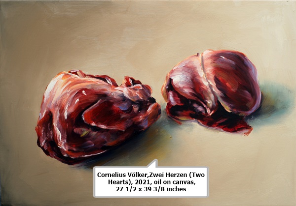click to enlarge- double click to reduce Cornelius Völker,Zwei Herzen (Two Hearts), 2021, oil on canvas, 27 1/2 x 39 3/8 inches