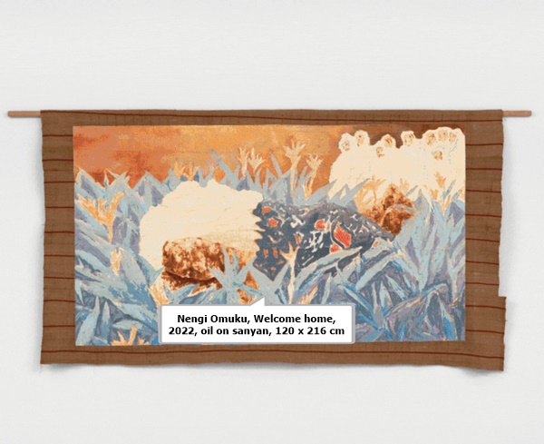 Nengi Omuku, Welcome home, 2022, oil on sanyan, 120 x 216 cm