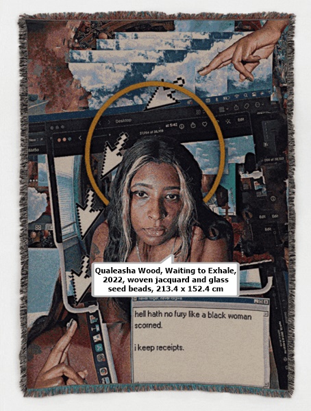 Qualeasha Wood, Waiting to Exhale, 2022, woven jacquard and glass seed beads, 213.4 x 152.4 cm