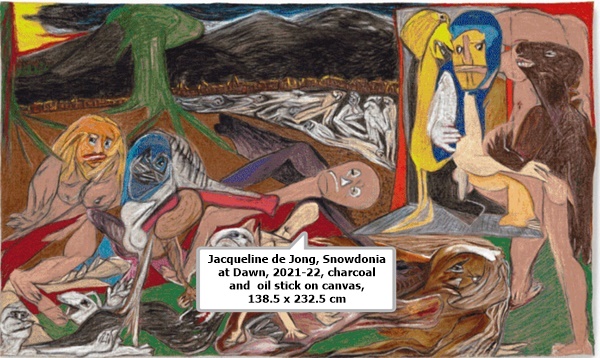 Jacqueline de Jong, Snowdonia at Dawn, 2021-22, charcoal and oil stick on canvas, 138.5 x 232.5 cm