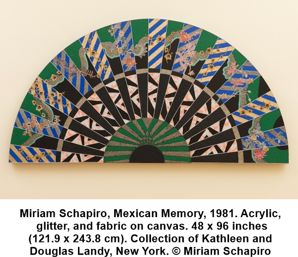 Miriam Schapiro, Mexican Memory, 1981. Acrylic, glitter, and fabric on canvas. 48 x 96 inches (121.9 x 243.8 cm). Collection of Kathleen and Douglas Landy, New York. © Miriam&nbsp;Schapiro