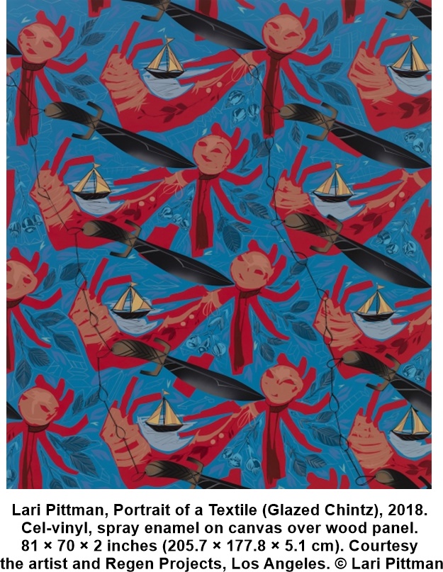 Lari Pittman, Portrait of a Textile (Glazed Chintz), 2018. Cel-vinyl, spray enamel on canvas over wood panel. 81 × 70 × 2 inches (205.7 × 177.8 × 5.1 cm). Courtesy the artist and Regen Projects, Los Angeles. © Lari&nbsp;Pittman