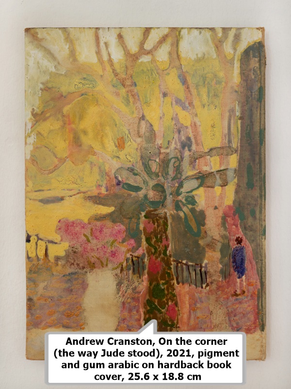 Andrew Cranston, On the corner (the way Jude stood), 2021, pigment and gum arabic on hardback book cover, 25.6 x 18.8 cm
