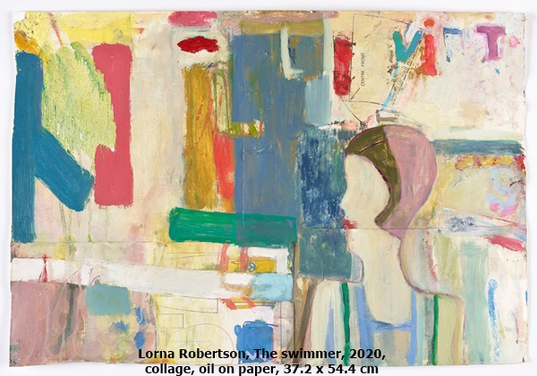 click to enlarge- double click to reduce Lorna Robertson, The swimmer, 2020, collage, oil on paper, 37.2 x 54.4 cm