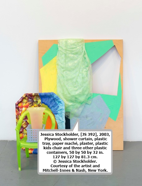 Jessica Stockholder, [JS 392], 2003, Plywood, shower curtain, plastic tray, paper maché, plaster, plastic kids chair and three other plastic containers, 50 by 50 by 32 in. 127 by 127 by 81.3 cm. © Jessica Stockholder. Courtesy of the artist and Mitchell-Innes & Nash, New York.