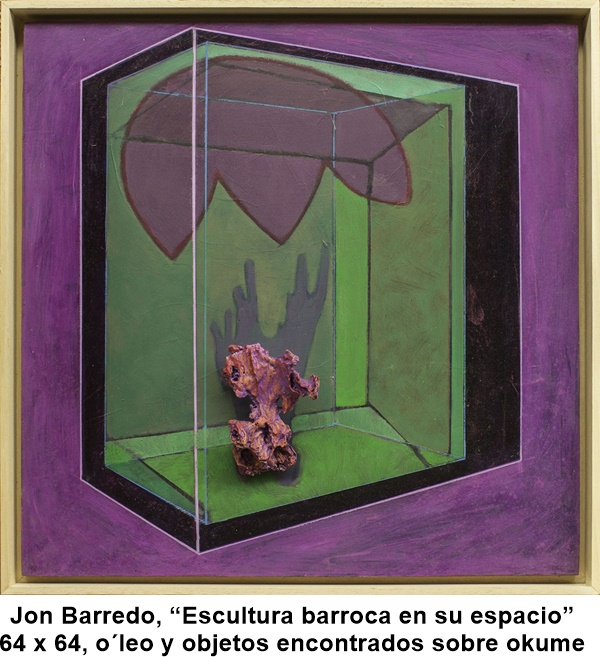 Jon Barredo, “Escultura barroca en su espacio” 64 x 64, óleo y objetos encontrados sobre okume