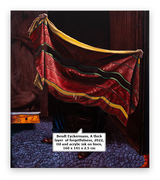 Bendt Eyckermans, A thick layer of forgetfulness, 2022, Oil and acrylic ink on linen, 160 x 141 x 2.5 cm