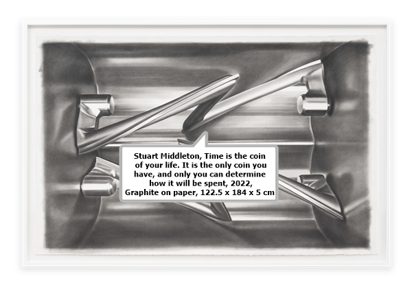 click to enlarge- double click to reduce Stuart Middleton, Time is the coin of your life. It is the only coin you have, and only you can determine how it will be spent, 2022, Graphite on paper, 122.5 x 184 x 5 cm