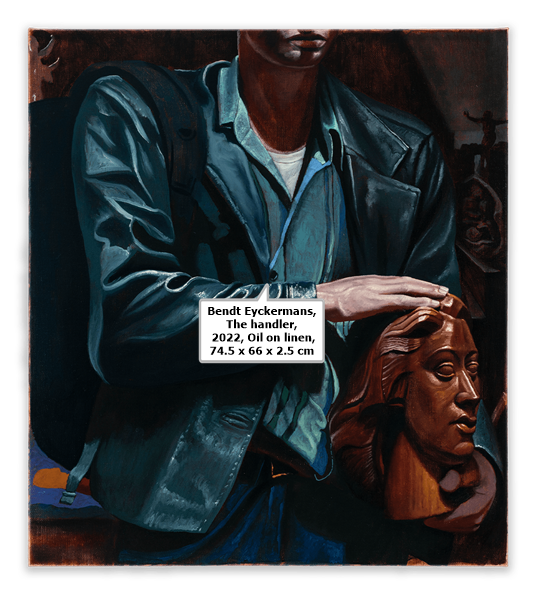 click to enlarge- double click to reduce Bendt Eyckermans, The handler, 2022, Oil on linen, 74.5 x 66 x 2.5 cm
