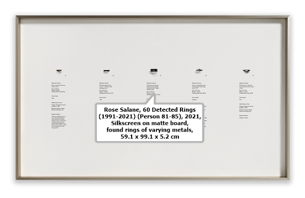 click to enlarge- double click to reduce Rose Salane, 60 Detected Rings (1991-2021) (Person 81-85), 2021, Silkscreen on matte board, found rings of varying metals, 59.1 x 99.1 x 5.2 cm