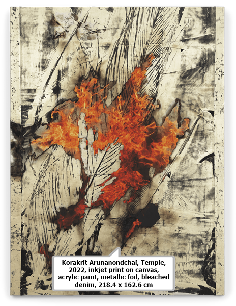 click to enlarge- double click to reduce Korakrit Arunanondchai, Temple, 2022, inkjet print on canvas, acrylic paint, metallic foil, bleached denim, 218.4 x 162.6 cm