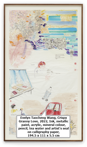 click to enlarge- double click to reduce Evelyn Taocheng Wang, Crispy Granny Love, 2022, Ink, metallic paint, acrylic, mineral colour, pencil, tea water and artist's seal on calligraphy paper, 194.5 x 111 x 5.5 cm