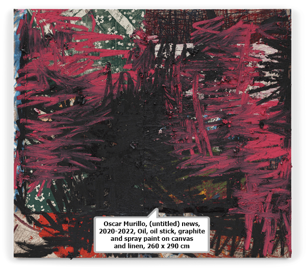 click to enlarge- double click to reduce Oscar Murillo, (untitled) news, 2020-2022, Oil, oil stick, graphite and spray paint on canvas and linen, 260 x 290 cm