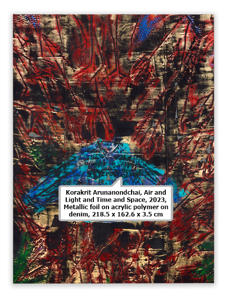 click to enlarge- double click to reduce Korakrit Arunanondchai, Air and Light and Time and Space, 2023, Metallic foil on acrylic polymer on denim, 218.5 x 162.6 x 3.5 cm