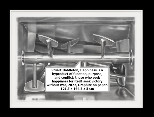 click to enlarge- double click to reduce Stuart Middleton, Happiness is a byproduct of function, purpose, and conflict; those who seek happiness for itself seek victory without war, 2022, Graphite on paper, 121.5 x 164.5 x 5 cm