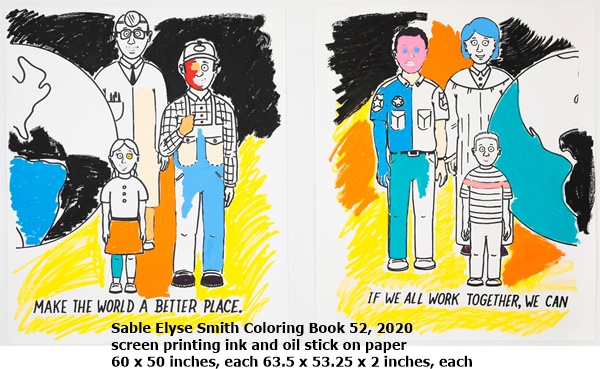 Sable Elyse Smith Coloring Book 52, 2020
screen printing ink and oil stick on paper
60 x 50 inches, each 63.5 x 53.25 x 2 inches, each