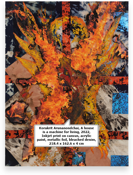 Korakrit Arunanondchai, A house is a machine for living, 2022, Inkjet print on canvas, acrylic paint, metallic foil, bleached denim, 218.4 x 162.6 x 4 cm