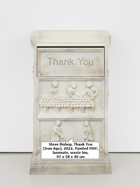 Steve Bishop, Thank You (Iron Age), 2022, Painted MDF, laminate, waste bin, 97 x 58 x 40 cm

