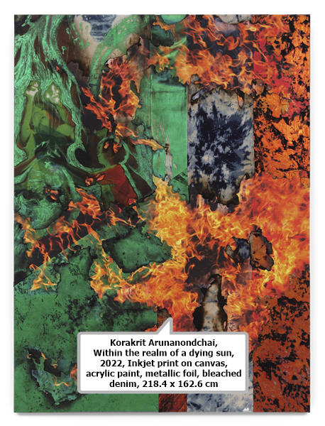 click to enlarge- double click to reduce Korakrit Arunanondchai, Within the realm of a dying sun, 2022, Inkjet print on canvas, acrylic paint, metallic foil, bleached denim, 218.4 x 162.6 cm
