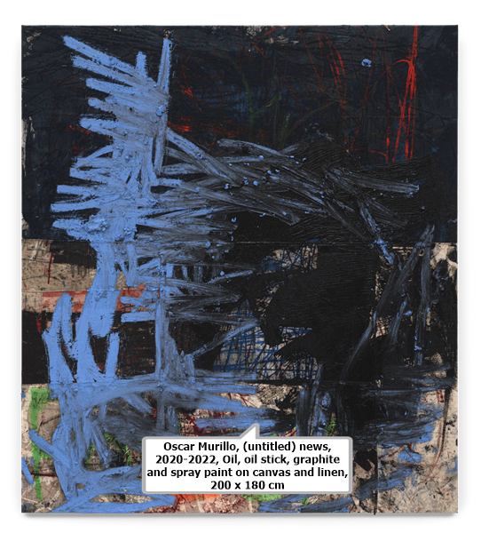 click to enlarge- double click to reduce Oscar Murillo, (untitled) news, 2020-2022, Oil, oil stick, graphite and spray paint on canvas and linen, 200 x 180 cm