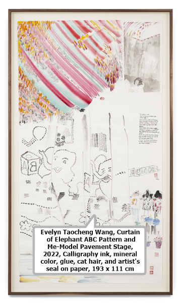 click to enlarge- double click to reduce Evelyn Taocheng Wang, Curtain of Elephant ABC Pattern and Me-Model Pavement Stage, 2022, Calligraphy ink, mineral color, glue, cat hair, and artist's seal on paper, 193 x 111 cm