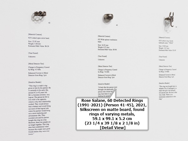 Rose Salane, 60 Detected Rings (1991-2021) (Person 41-45), 2021, Silkscreen on matte board, found rings of varying metals, 59.1 x 99.1 x 5.2 cm (23 1/4 x 39 1/8 x 2 1/8 in) [Detail View]

