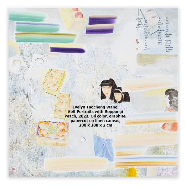 click to enlarge- double click to reduce Evelyn Taocheng Wang, Self Portraits with Roppongi Peach, 2022, Oil color, graphite, papercut on linen canvas, 200 x 200 x 2 cm