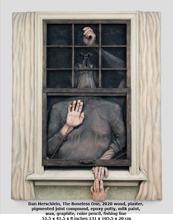 Dan Herschlein 
The Boneless One, 2020
wood, plaster, pigmented joint compound, epoxy putty, milk paint, wax, graphite, color pencil, fishing line
51.5 x 41.5 x 8 inches
131 x 105.5 x 20 cm