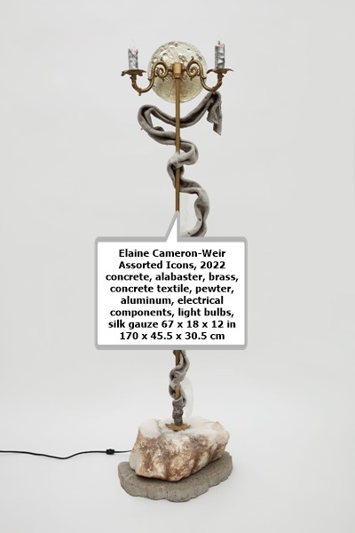 click to enlarge- double click to reduce Elaine Cameron-Weir
Assorted Icons, 2022
concrete, alabaster, brass, concrete textile, pewter, aluminum, electrical components, light bulbs, silk gauze
67 x 18 x 12 in
170 x 45.5 x 30.5 cm