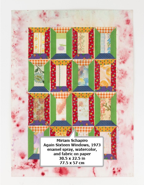 Miriam Schapiro
Again Sixteen Windows, 1973
enamel spray, watercolor, and fabric on paper
30.5 x 22.5 in
77.5 x 57 cm