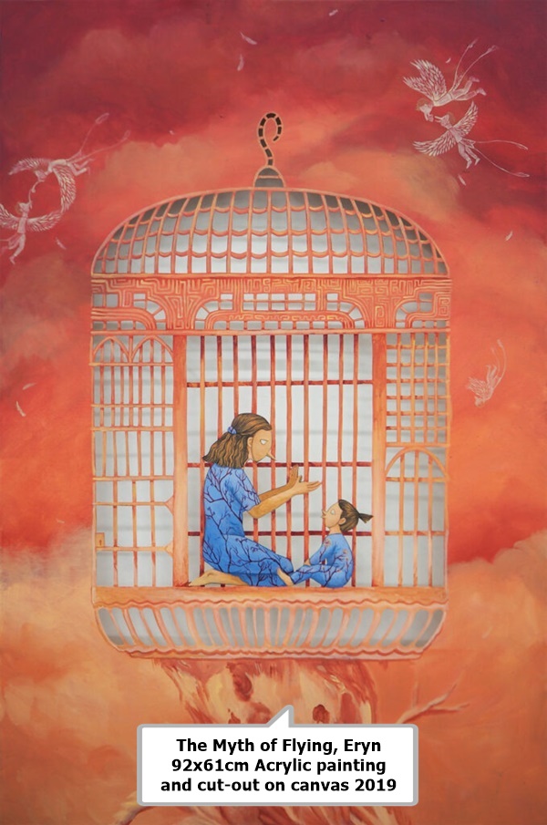 click to enlarge- double click to reduce The Myth of Flying
Eryn
92x61cm
Acrylic painting and cut-out on canvas
2019