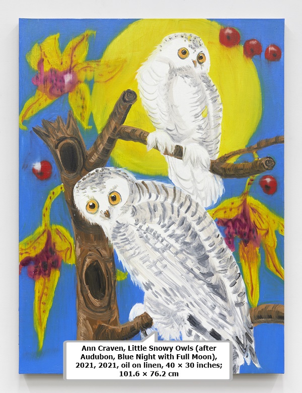 Ann Craven, Little Snowy Owls (after Audubon, Blue Night with Full Moon), 2021, 2021, oil on linen, 40 × 30 inches; 101.6 × 76.2 cm