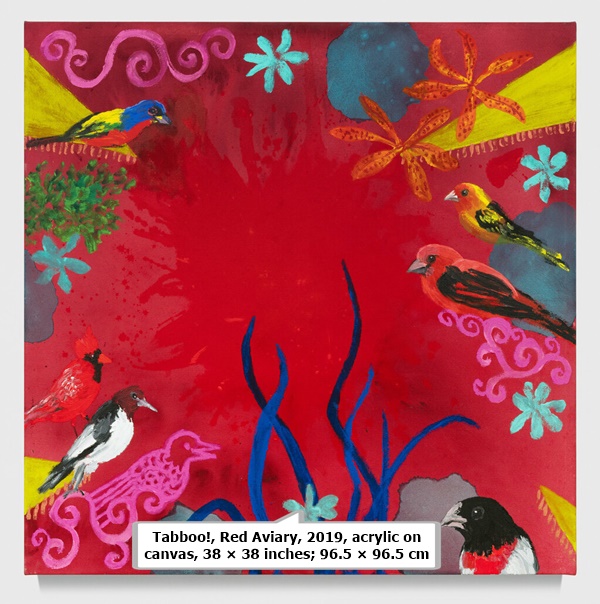 Tabboo!, Red Aviary, 2019, acrylic on canvas, 38 × 38 inches; 96.5 × 96.5 cm