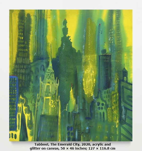 Tabboo!, The Emerald City, 2020, acrylic and glitter on canvas, 50 × 46 inches; 127 × 116.8 cm