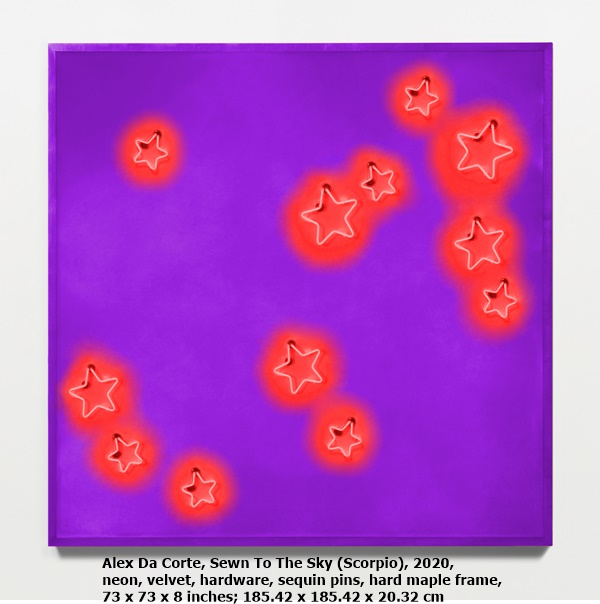 Alex Da Corte, Sewn To The Sky (Scorpio), 2020, neon, velvet, hardware, sequin pins, hard maple frame, 73 x 73 x 8 inches; 185.42 x 185.42 x 20.32 cm