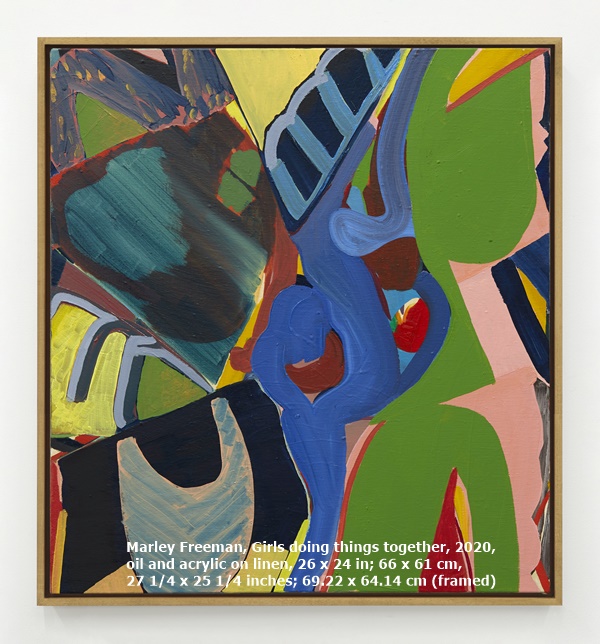 Marley Freeman, Girls doing things together, 2020, oil and acrylic on linen, 26 x 24 in; 66 x 61 cm, 27 1/4 x 25 1/4 inches; 69.22 x 64.14 cm (framed)