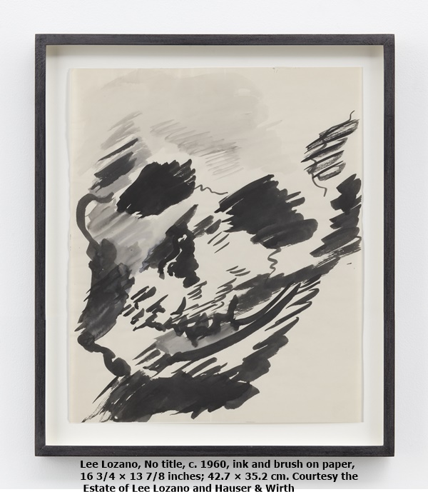 Lee Lozano, No title, c. 1960, ink and brush on paper, 16 3/4 × 13 7/8 inches; 42.7 × 35.2 cm. Courtesy the Estate of Lee Lozano and Hauser & Wirth