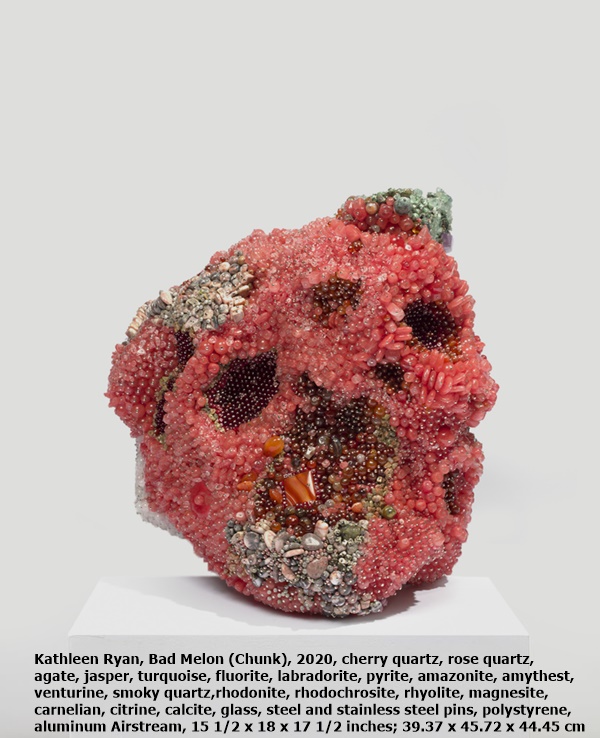Kathleen Ryan, Bad Melon (Chunk), 2020, cherry quartz, rose quartz, agate, jasper, turquoise, fluorite, labradorite, pyrite, amazonite, amythest, aventurine, smoky quartz, rhodonite, rhodochrosite, rhyolite, magnesite, carnelian, citrine, calcite, glass, steel and stainless steel pins, polystyrene, aluminum Airstream, 15 1/2 x 18 x 17 1/2 inches; 39.37 x 45.72 x 44.45 cm