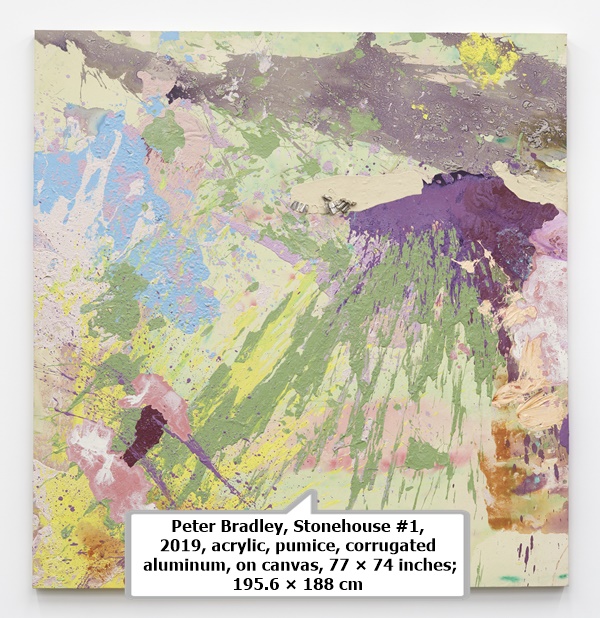 Peter Bradley, Stonehouse #1, 2019, acrylic, pumice, corrugated aluminum, on canvas, 77 × 74 inches; 195.6 × 188 cm