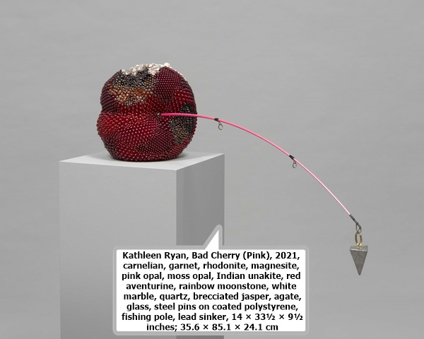 Kathleen Ryan, Bad Cherry (Pink), 2021, carnelian, garnet, rhodonite, magnesite, pink opal, moss opal, Indian unakite, red aventurine, rainbow moonstone, white marble, quartz, brecciated jasper, agate, glass, steel pins on coated polystyrene, fishing pole, lead sinker, 14 × 33½ × 9½ inches; 35.6 × 85.1 × 24.1 cm