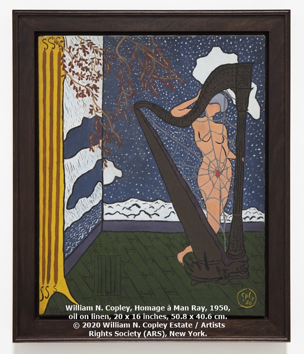 click to enlarge- double click to reduce William N. Copley, Homage à Man Ray, 1950, oil on linen, 20 x 16 inches, 50.8 x 40.6 cm. © 2020 William N. Copley Estate / Artists Rights Society (ARS), New York.