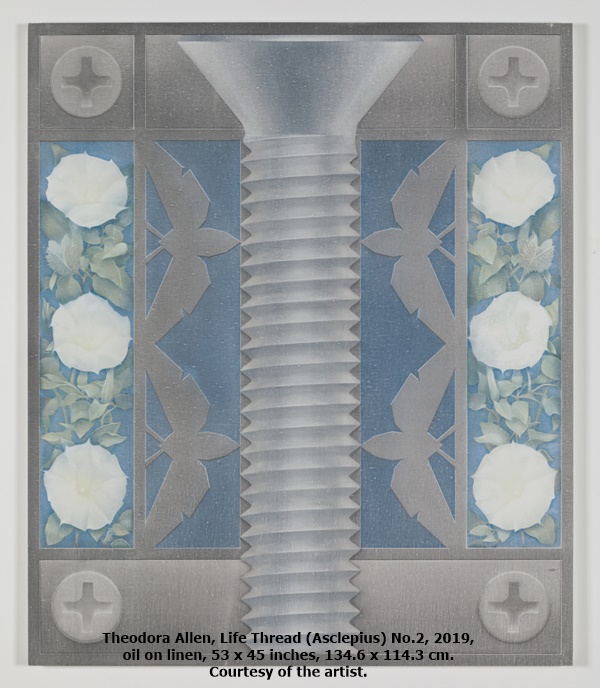 click to enlarge- double click to reduce Theodora Allen, Life Thread (Asclepius) No.2, 2019, oil on linen, 53 x 45 inches, 134.6 x 114.3 cm. Courtesy of the artist.